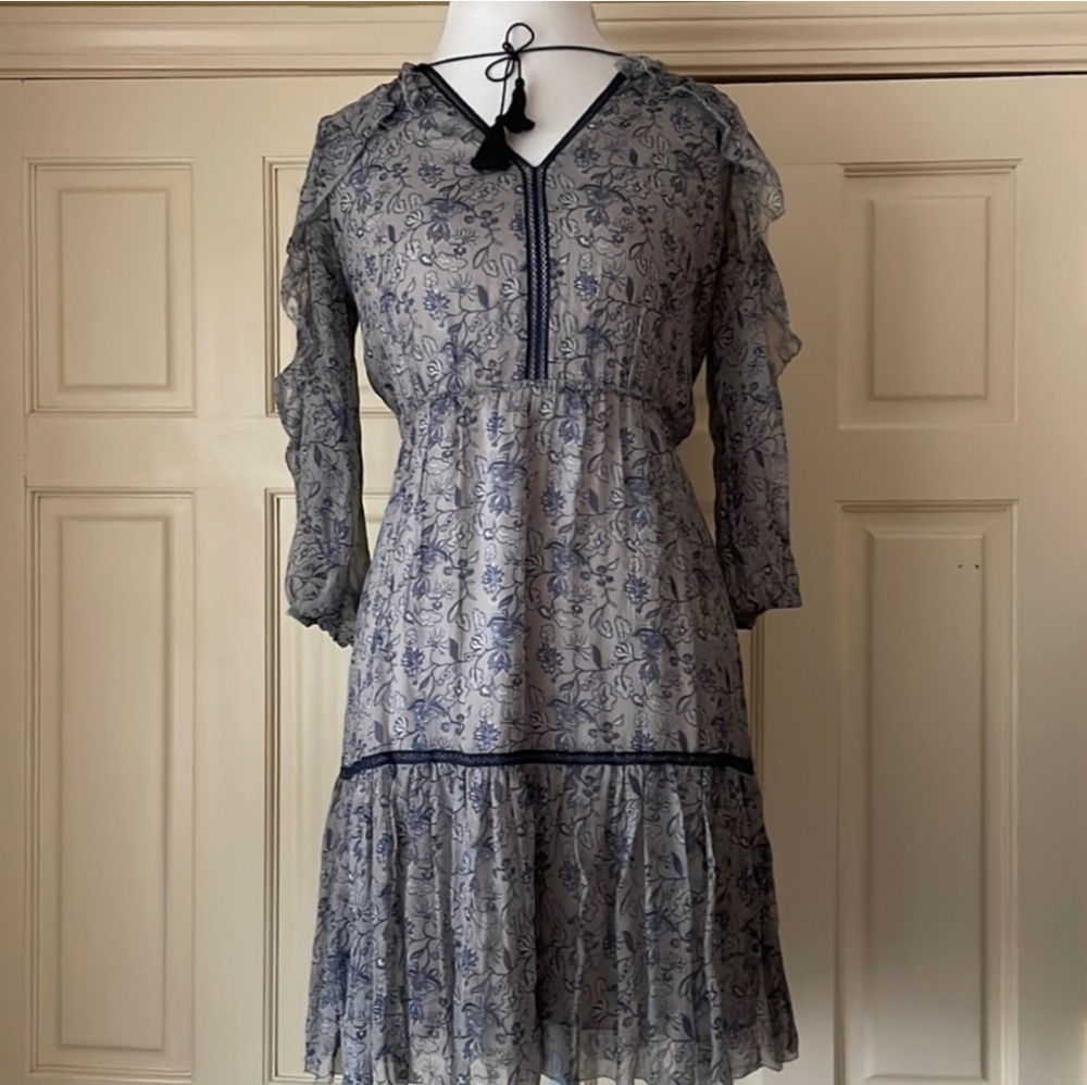 Elie Tahari Blue and White Ruffled Sundress with V-Neck Size 6